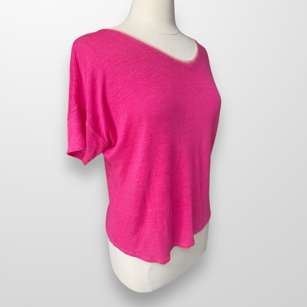 Chicos Womens Size 1 Medium Linen Top Shirt Pink Short Sleeve V-Neck‎